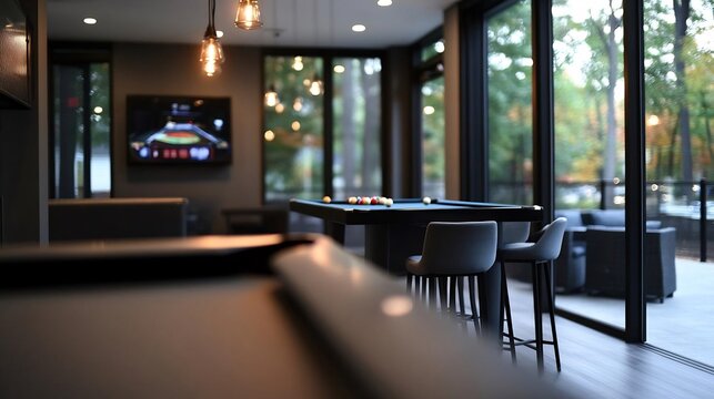 Relaxing game room featuring a pool table and comfortable seating area with natural views - Powered by Adobe