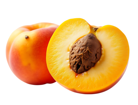  a whole peach and a half peach with its pit, isolated on transparent background