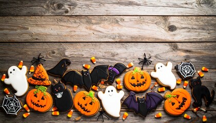 Halloween Decorated Cookies with Ghosts, Pumpkins, Bats, Witch Hats, Spider Webs, Black Cats, and Candy Corn on Rustic Wood