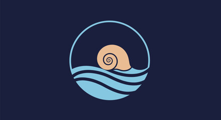 Stylized Snail Shell on Ocean Waves Logo Design.