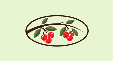 Cherry Branch Illustration with Ripe Red Fruits and Green Leaves.