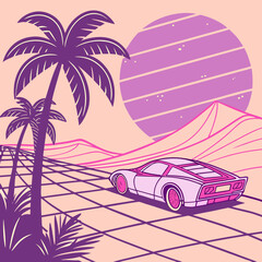 Retro wave car driving on a grid road with palm trees and a striped planet in the background