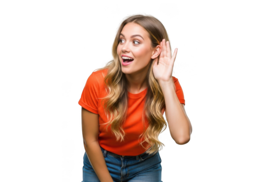 Curious woman with hand cupped behind ear listening intently and looking away transparent background