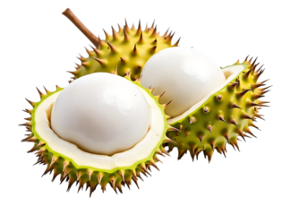  two exotic fruits, one cut in half, revealing its white flesh, isolated on transparent background
