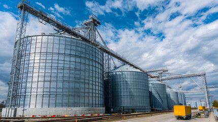 Large grain silos storage facility with metal warehouses