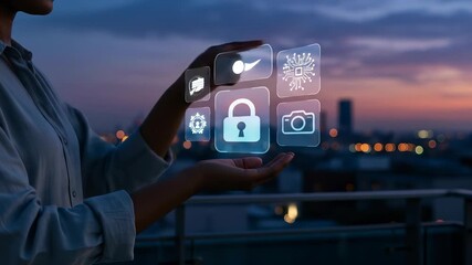 Cybersecurity and digital data privacy: A Black adult woman on a city rooftop at dusk innovatively manages a secure network system with glowing virtual protection. - Powered by Adobe