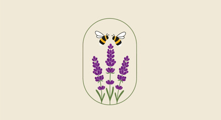 Lavender Flowers and Bees Illustration in Oval Frame.