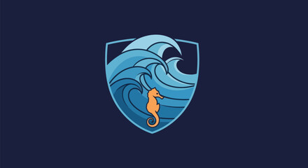 Oceanic Shield Emblem with Waves and Seahorse Logo Design.