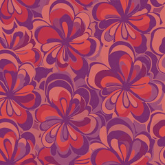 Abstract floral pattern in shades of red, orange, and purple. Seamless design with overlapping flower shapes.