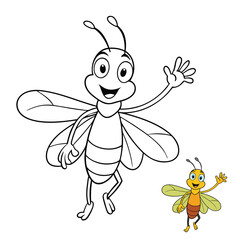 A cute cartoon firefly bee waves happily with big eyes and tiny wings, ready to light up the page. Fun and cheerful coloring page for kids and creativity!

