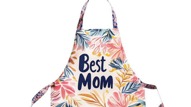 • A custom-printed apron with "Best Mom" for Mother’s Day, isolated on white background in HD 