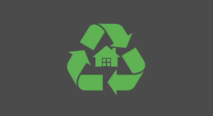 Green recycling symbol with house representing eco friendly home and sustainable living.