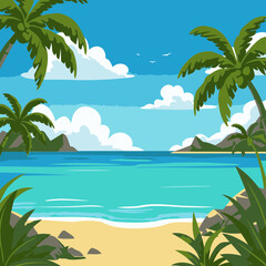 Fototapeta premium Tropical beach scene with idyllic landscape featuring palm trees, mountains, and ocean. Peaceful ambiance with gentle waves, showcasing a tranquil coastal setting.