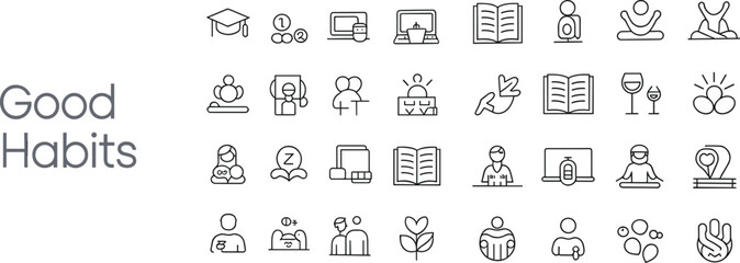 Good habits icon set education learning meditation mindfulness reading teamwork healthy lifestyle sleep growth balance productivity wellness outline vector