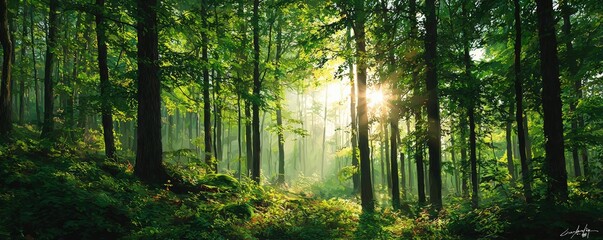 Lush green forest with sunlight filtering through trees