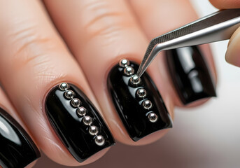 A close-up shot of a person's hand with glossy black fingernails being adorned with small metallic studs using tweezers, creating a decorative pattern.