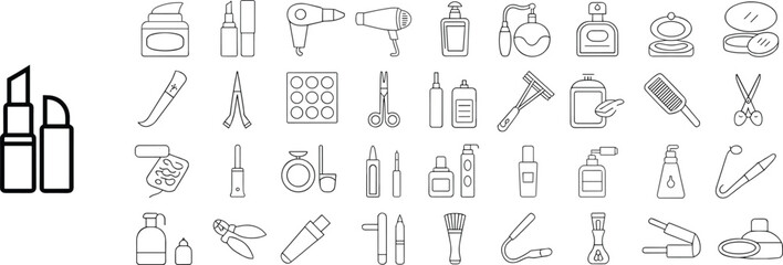 Cosmetic and beauty product icon set with makeup tools skincare items hair styling perfume lipstick and grooming accessories illustration