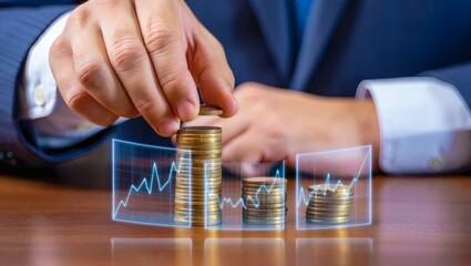 Stacking coins with rising financial growth charts,