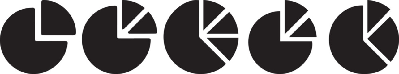 Set of black pie chart icons with different segment divisions, simple circular infographic symbols for business, finance, statistics, report data visualization, and analytics design