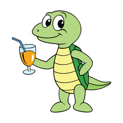 A cheerful cartoon turtle sips a fruity cocktail with a tiny umbrella, relaxing with a big smile. Fun, tropical vibes make this scene playful and full of vacation joy.
