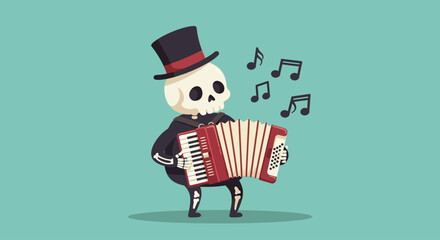 A jovial skeleton character, sporting a tiny top hat, cheerfully plays a miniature accordion with musical notes floating around in this Flat Design illustration. 