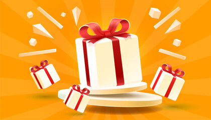 Giveaway podium, shop mega discount, special promo frame. Vector illustration