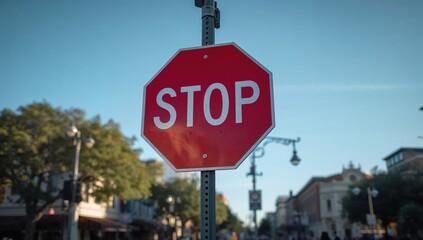 Obraz premium Octagonal stop sign bold against blue sky at vibrant urban corner