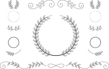 Decorative laurel wreath and floral frame vector set with ornamental borders, leaf flourishes, round circle elements, vintage design collection