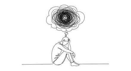 Overwhelmed - Single-Line Drawing of a Person with a Chaotic Thought Bubble.