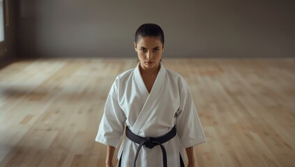 Karateka stands focused empty dojo wooden floor calm determined gaze