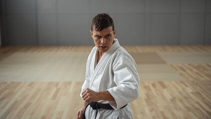 Fototapeta premium Karateka stands focused empty dojo wooden floor calm determined gaze