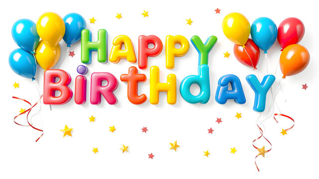 Colorful happy birthday balloons and confetti decoration on a white background for celebration