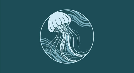 Stylized Jellyfish Illustration with Flowing Tentacles in Circular Frame. © Alienmarsh