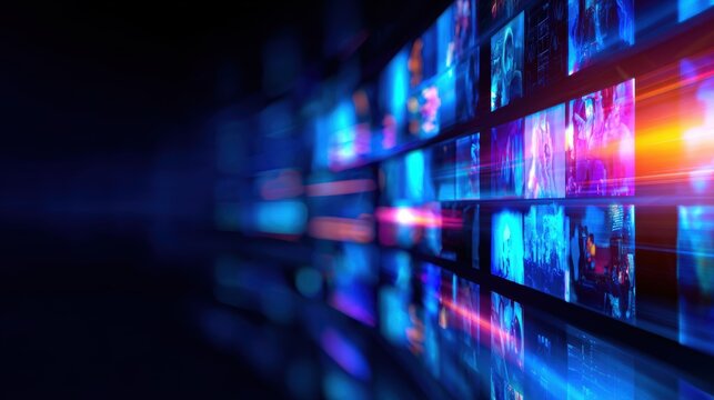 Abstract digital background with vibrant colors and illuminated screens showcasing dynamic visuals