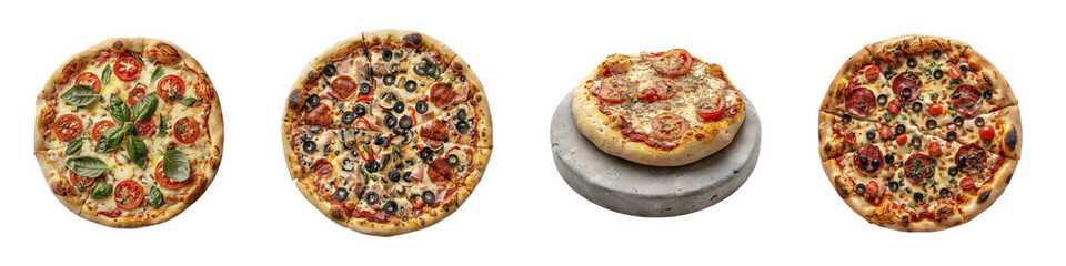 Delicious looking pizzas featuring various toppings, arranged side by side