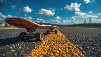 Worn skateboard rests sunlit asphalt road bold shadows midday sky above