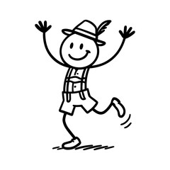 Joyful stick figure in Bavarian costume dancing — festive black and white cartoon illustration on transparent background, vector