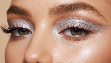 Fototapeta premium Eyelids shimmer with holographic glitter over smooth beige creative makeup