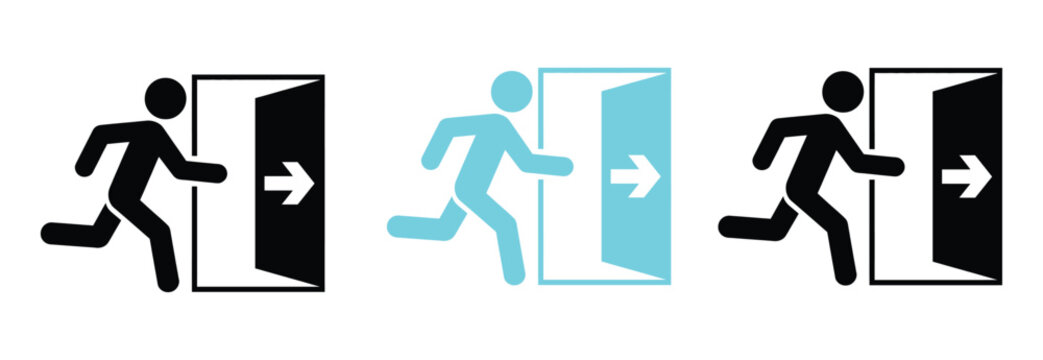 Emergency exit icons in black and blue showing quick evacuation, signaling immediate danger, for safety awareness campaigns and escape route guidance in public buildings and workplaces
