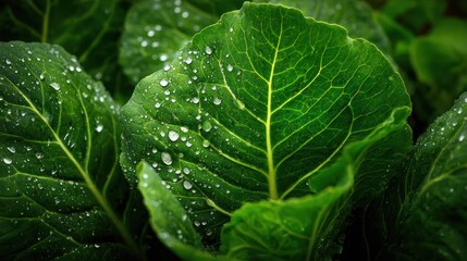 Close-up of vibrant green cabbage leaves with water droplets