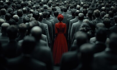 Obraz premium Woman in red dress stands out in a crowd