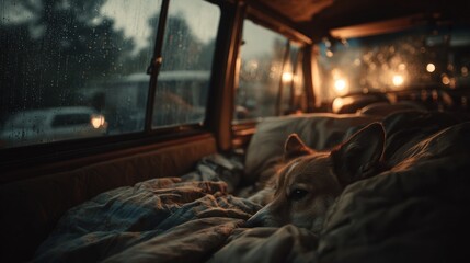 Dog Resting in Camper Van Bed on Rainy Evening with Warm Lights Outside