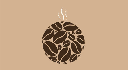 Warm Coffee Beans Arranged in a Circular Shape with Rising Steam Illustration.