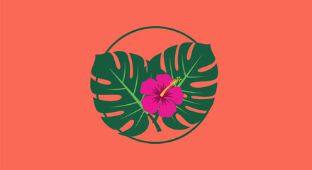 Obraz premium Hibiscus and Monstera Leaves Tropical Floral Design.