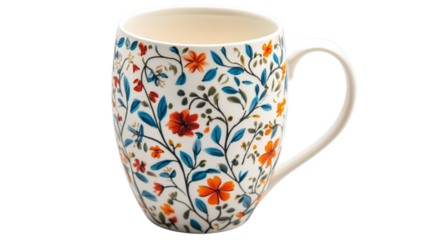 • A decorative ceramic Mother’s Day mug with a floral pattern, isolated on white background in HD 