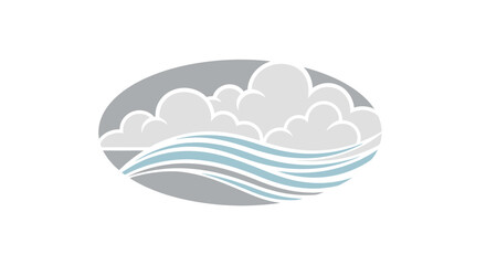 Clouds and waves illustration inside an oval shape representing weather.