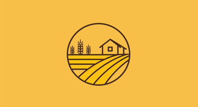 Minimalist Farm Illustration with House and Wheat Fields.