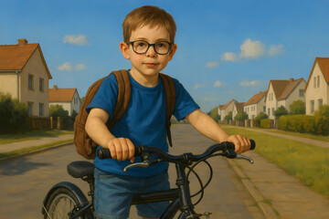 kleiner Schuljunge mit Schulranzen und Fahrrad in einer Stadtrandsiedlung unterwegs