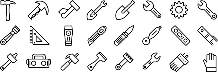 Construction and repair tool icons collection including hammer, wrench, spanner, screwdriver, saw, shovel, gear, cutter, and toolbox symbols