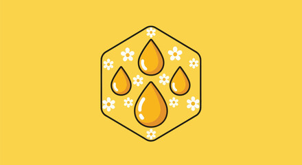 Yellow Hexagon Graphic Design with Liquid Drops and Floral Pattern.